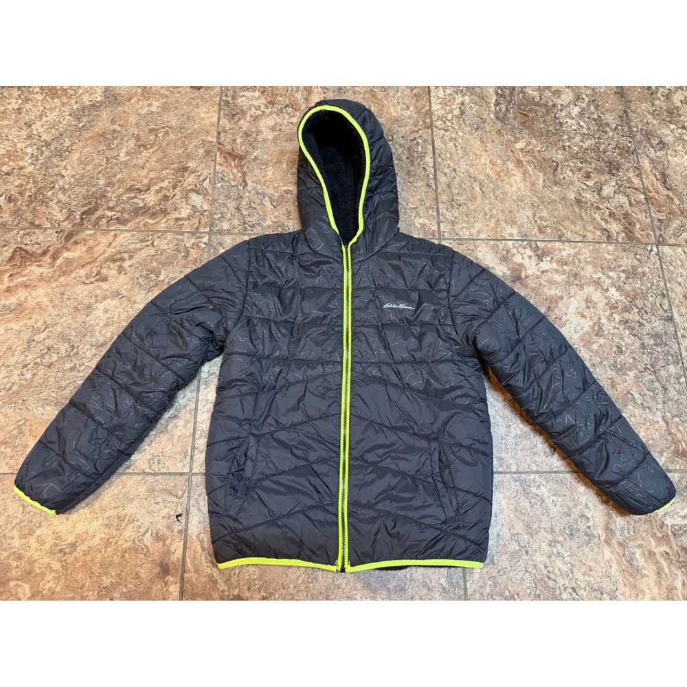 Eddie Bauer Kids Puffer Jacket Black Neon Yellow Quilted Fleece Lined RN 157622